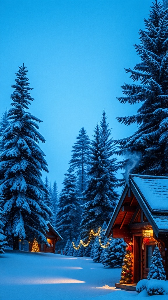 A winter landscape with snow-covered trees and a cozy cabin, decorated with Christmas lights.